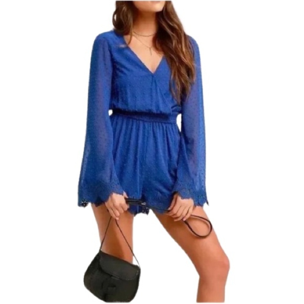 Women's L Lulus Meadowlake Blue Swiss Dot Lace Bell Sleeve Romper Textured